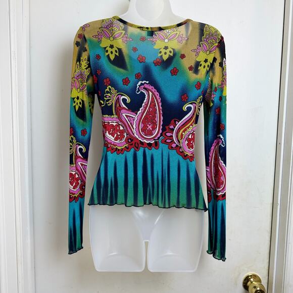 Boston Proper Womens Top Med Sheer Colorful Beaded Paisley Long Sleeve Festival - Picture 3 of 10